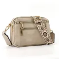 Beige PU leather crossbody bag with multiple zippers and vintage embroidered strap - Gray