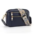 Navy blue faux leather crossbody bag with triple zippers and colorful wide strap - Blue