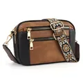 Crossbody purse in brown and black PU leather with colorful ethnic style wide strap - Black Brown