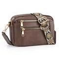 Dark brown pebbled leather crossbody bag with vintage bohemian floral patterned strap - Coffee