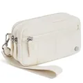 Beige waterproof nylon wristlet bag with triple zipper layers and metal hardware - White