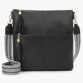 Close-up of black PU messenger bag featuring fringe tassels and a woven geometric strap - Black
