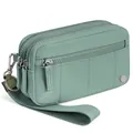 Mint green waterproof nylon wristlet wallet with double zipper layers and strap - Mint Green