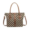 Black and white checkerboard tote bag with dual zippers and brown leather handles - Plaid Brown