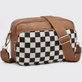 Brown PU leather crossbody bag with black and white checkerboard pattern and wide strap - Plaid Brown