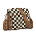 Sac bandoulière à damier noir et blanc avec accents en cuir marron et pompon élégant - Damiers Marron