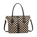 Detailed close-up of large checkerboard tote bag with dual zippers and golden hardware - Black Lattice