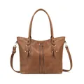 Detailed front view of brown leather tote bag with parallel zippers and gold rivets - Solid Brown