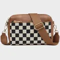 Sac bandoulière en cuir PU marron avec poche à damier noir blanc et sangle réglable - Marron à Carreaux