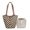Fashionable brown checkered tote bag set with drawstring pouch and gold padlock detail - Plaid Brown