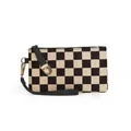 Classic black and white checkerboard wallet with a black wrist strap and gold zipper - Black Lattice
