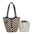 Fashionable dark brown checkered tote bag with leather handles and inner drawstring pouch - Black Lattice