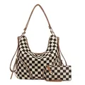 Checkerboard canvas hobo bag and pouch set with brown leather straps for travel - Plaid Brown