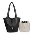 Classic black leather bucket bag with litchi texture and gold padlock detail - Solid Black
