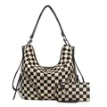 Large checkered hobo bag and matching coin purse set in classic black and white - Black Lattice
