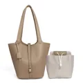 Elephant grey lychee leather tote bag with drawstring insert and metal padlock detail - Solid Brown