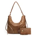 Brown faux leather hobo bag set with matching small pouch and gold hardware zippers - Solid Brown