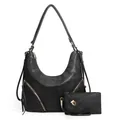 Black PU leather two-piece bag set with crescent shoulder bag and small pouch - Solid Black