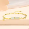 Minimalist golden bamboo chain bracelet with white catseye stone and zircon inlays - Bamboo Bracelet (T0056) / Gold