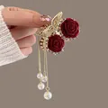 Elegant flocked red rose hair claw clip with rhinestones and pearl tassel fringe - Rose Claw Clip - Artificial Pearl Style (D0553)