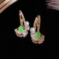Golden ginkgo leaf hoop earrings with green cat eye stone and white pearls - Ginkgo Leaf Pearl Ear Buckle (D0488) / Green