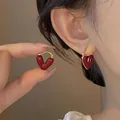 Chic 3D red heart hoop earrings in gold metal with smooth glossy enamel finish - Red Enamel Heart Style (D0414)