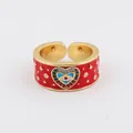Anello malocchio dorato con cuore in smalto rosso e zirconi in stile bohémien - Aperto Regolabile / Rosso