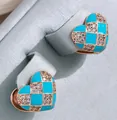 Orecchini a cuore a scacchi blu cielo con zirconi e finitura placcata oro rosa - Orecchini a Cuore con Scacchiera Blu - Oro Rosa