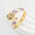 Punk style snake open ring in gold finish with purple enamel and zircon accents - Open Adjustable / Violet