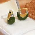 Orecchini a cerchio vintage in oro con smalto verde scuro e zirconi scintillanti - Fibbia per Orecchio Ovale / Oro e Verde