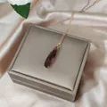 16K gold teardrop gemstone necklace with purple pendant on champagne silk fabric - Dark Purple (L0175)