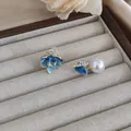 925 Silber Ohrringe mit blauem Blumenverlauf, Perlen und goldenen Akzenten im Set - Blau (D0586)