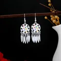 Silver drop earrings with colorful dreamcatcher design and dangling leaves on a branch - Bright Silver Multi Dreamcatcher Tassel(E3167-1)