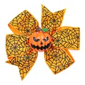 Halloween orange hair bow with black spider web patterns and a Jack-o'-lantern center piece - Orange Web Pumpkin (8)