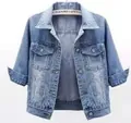 Slim fit light blue denim jacket for women with short sleeves and flap pockets - 3XL / Light Blue