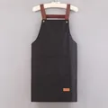 Waterproof black kitchen apron with brown leather straps and dual functional pockets - Simple Black (Thickened Style)