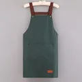 Waterproof dark green apron with brown straps and double front pockets for kitchen work - Simple Green (Thickened Style)