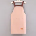 Waterproof kitchen apron in soft pink with wide brown straps and a large front pocket - Simple Pink (Thickened Style)