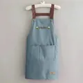 Waterproof grey-blue apron with cross-back leather straps and Hello floral print - Hello Blue (Thickened Style)