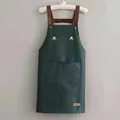 Waterproof dark green apron with Hello floral print and brown leather style straps - Hello Green (Thickened Style)