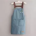 Blue-grey waterproof kitchen apron with rainbow embroidery and brown cross-back straps - Rainbow Blue (Thickened Style)