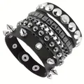 Detailed view of punk leather bracelets with spikes, rivets and metal chains - Spiked Square Chain Combo (09)