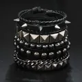 Detail of 4-piece punk bracelet set featuring silver spikes, rivets, and black leather cords - Spiked Chain Braided Set (07)