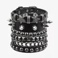 Detailed close-up of six punk rock black leather bracelets with silver spikes and metal studs - Conical Spikes Combination Style Six Piece Set (07)