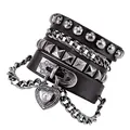 Detail of multi-layer punk leather bracelets with metal rivets and heart lock pendant - Heart Lock Layered Style (13)
