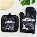 Heat resistant black oven mitt and pot holder set with stylish white pizza theme print - Black Pizza Pattern/Always Hot