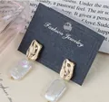 Baroque button style drop earrings with gold irregular metal and white freshwater pearls - E2117 Baroque Rectangular Pleated Style (Freshwater Pearl)