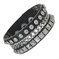 Men's multi-layer punk bracelet with black leather, silver chains and pyramid metal studs - Multi-layer Rivet Chain Style (01)