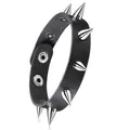 Gothic black leather punk bracelet featuring large silver metal spikes and snap closures - Silver Spike Style (01)