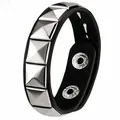 Detail of punk leather bracelet with silver pyramid studs and double snap closure - Single Row Square Studs Style (02)